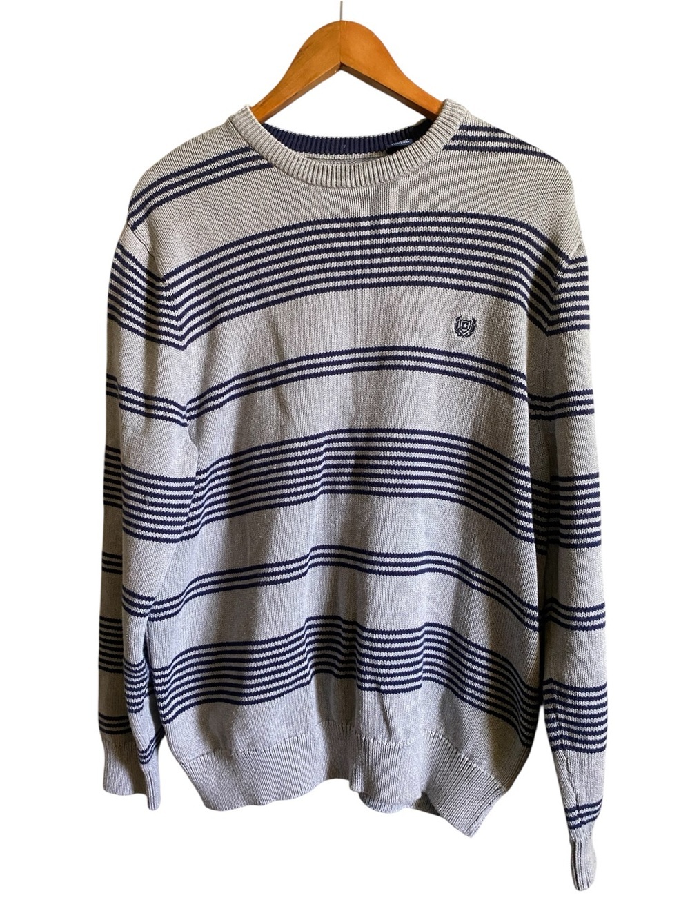 CHAPS Crewneck Sweater Men’s Large Grey Navy Blue Pullover Cotton Chunky Preppy